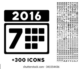 2016 Week Binder vector pictogram with additional 300 date and time management icons. Style is flat symbols, black color, rounded angles, white background.