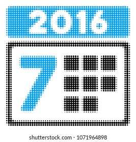 2016 Week Calendar halftone vector pictogram. Illustration style is dotted iconic 2016 Week Calendar icon symbol on a white background. Halftone matrix is round items.
