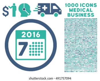 2016 Week Calendar icon with 1000 medical business cobalt and cyan vector pictograms. Collection style is flat bicolor symbols, white background.