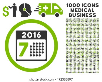 2016 Week Calendar icon with 1000 medical commerce eco green and gray vector design elements. Collection style is flat bicolor symbols, white background.