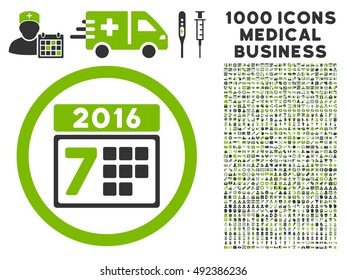 2016 Week Calendar icon with 1000 medical commercial eco green and gray vector design elements. Collection style is flat bicolor symbols, white background.