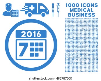 2016 Week Calendar icon with 1000 medical commerce cobalt vector pictograms. Collection style is flat symbols, white background.