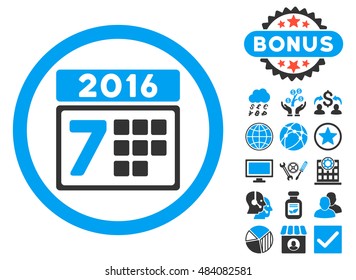 2016 Week Calendar icon with bonus pictogram. Vector illustration style is flat iconic bicolor symbols, blue and gray colors, white background.