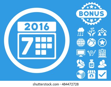 2016 Week Calendar icon with bonus symbols. Vector illustration style is flat iconic symbols, white color, blue background.