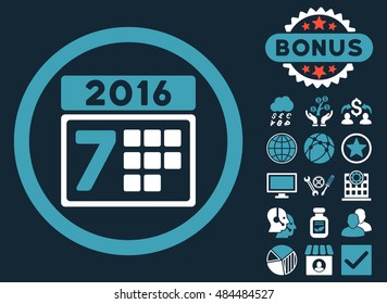2016 Week Calendar icon with bonus symbols. Vector illustration style is flat iconic bicolor symbols, blue and white colors, dark blue background.