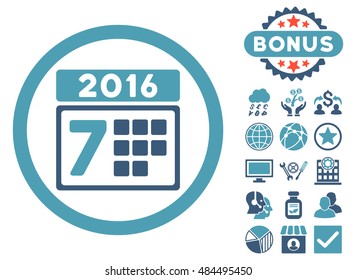 2016 Week Calendar icon with bonus symbols. Vector illustration style is flat iconic bicolor symbols, cyan and blue colors, white background.