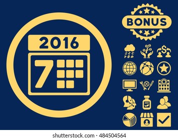 2016 Week Calendar icon with bonus elements. Vector illustration style is flat iconic symbols, yellow color, blue background.