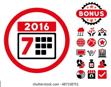 2016 Week Calendar icon with bonus symbols. Vector illustration style is flat iconic bicolor symbols, intensive red and black colors, white background.