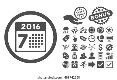 2016 Week Calendar icon with bonus clip art. Vector illustration style is flat iconic symbols, gray color, white background.