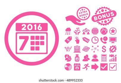 2016 Week Calendar icon with bonus symbols. Vector illustration style is flat iconic symbols, pink color, white background.