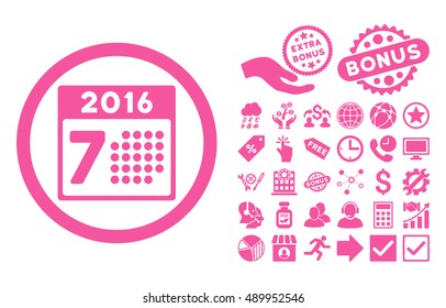 2016 Week Calendar icon with bonus pictograph collection. Vector illustration style is flat iconic symbols, pink color, white background.