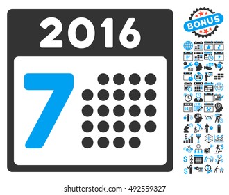 2016 Week Calendar icon with bonus calendar and time management elements. Vector illustration style is flat iconic bicolor symbols, blue and gray colors, white background.