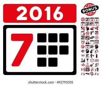 2016 Week Calendar icon with bonus calendar and time management graphic icons. Vector illustration style is flat iconic bicolor symbols, intensive red and black colors, white background.