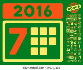 2016 Week Calendar icon with bonus calendar and time management symbols. Vector illustration style is flat iconic bicolor symbols, orange and yellow colors, green background.