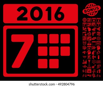 2016 Week Calendar icon with bonus calendar and time management icon set. Vector illustration style is flat iconic symbols, red color, black background.