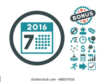 2016 Week Calendar pictograph with bonus pictogram. Vector illustration style is flat iconic bicolor symbols, soft blue colors, white background.
