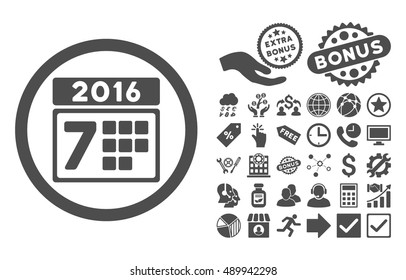 2016 Week Calendar pictograph with bonus icon set. Vector illustration style is flat iconic symbols, gray color, white background.