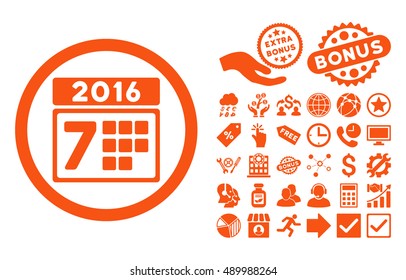 2016 Week Calendar pictograph with bonus icon set. Vector illustration style is flat iconic symbols, orange color, white background.