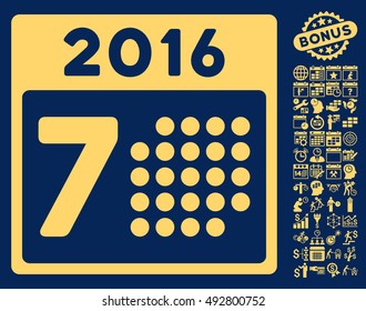 2016 Week Calendar pictograph with bonus calendar and time management pictures. Vector illustration style is flat iconic symbols, yellow color, blue background.