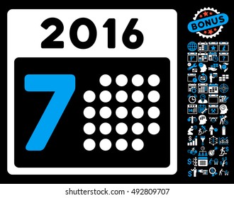 2016 Week Calendar pictograph with bonus calendar and time management clip art. Vector illustration style is flat iconic bicolor symbols, blue and white colors, black background.