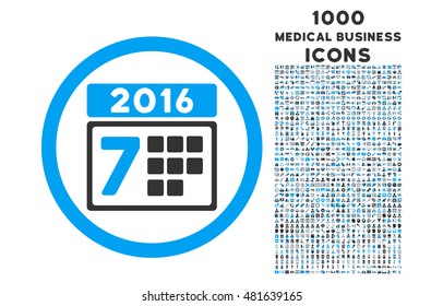 2016 Week Calendar rounded vector bicolor icon with 1000 medical business icons. Set style is flat pictograms, blue and gray colors, white background.