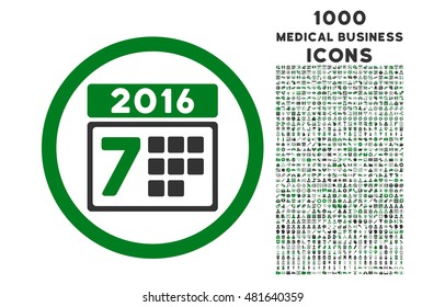 2016 Week Calendar rounded vector bicolor icon with 1000 medical business icons. Set style is flat pictograms, green and gray colors, white background.
