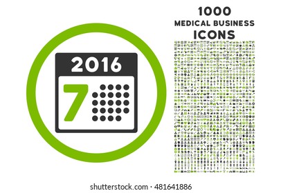 2016 Week Calendar rounded vector bicolor icon with 1000 medical business icons. Set style is flat pictograms, eco green and gray colors, white background.