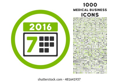 2016 Week Calendar rounded vector bicolor icon with 1000 medical business icons. Set style is flat pictograms, eco green and gray colors, white background.