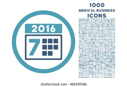 2016 Week Calendar rounded vector bicolor icon with 1000 medical business icons. Set style is flat pictograms, cyan and blue colors, white background.