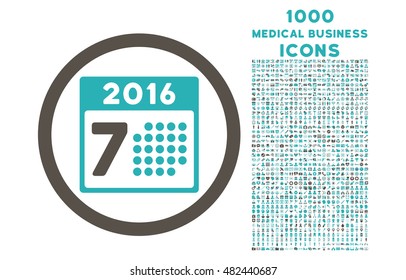 2016 Week Calendar rounded vector bicolor icon with 1000 medical business icons. Set style is flat pictograms, grey and cyan colors, white background.