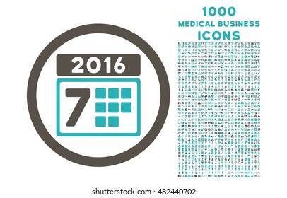 2016 Week Calendar rounded vector bicolor icon with 1000 medical business icons. Set style is flat pictograms, grey and cyan colors, white background.