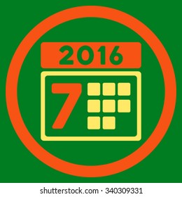 2016 Week Calendar vector icon. Style is bicolor flat circled symbol, orange and yellow colors, rounded angles, green background.