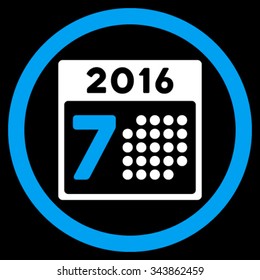 2016 Week Calendar vector icon. Style is bicolor flat circled symbol, blue and white colors, rounded angles, black background.