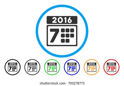 2016 Week Calendar vector rounded icon. Image style is a flat gray icon symbol inside a blue circle. Bonus color versions are grey, black, blue, green, red, orange.