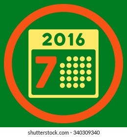 2016 Week Organizer vector icon. Style is bicolor flat circled symbol, orange and yellow colors, rounded angles, green background.