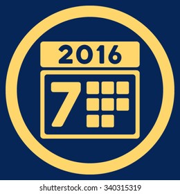 2016 Week Organizer vector icon. Style is flat circled symbol, yellow color, rounded angles, blue background.