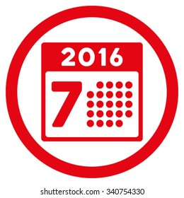 2016 Week Organizer vector icon. Style is flat circled symbol, red color, rounded angles, white background.