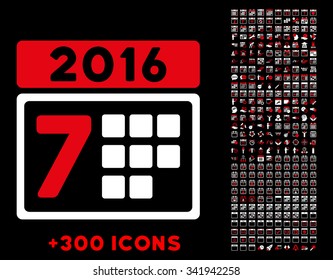 2016 Week Organizer vector pictogram with additional 300 date and time management icons. Style is bicolor flat symbols, red and white colors, rounded angles, black background.