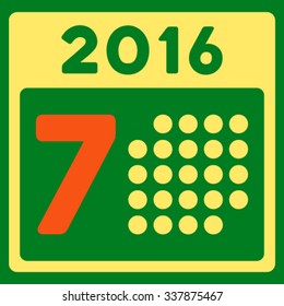 2016 Week Plan vector icon. Style is bicolor flat symbol, orange and yellow colors, rounded angles, green background.