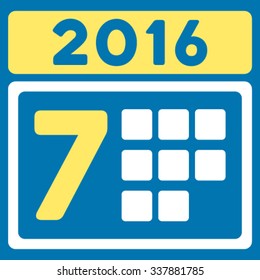 2016 Week Plan vector icon. Style is bicolor flat symbol, yellow and white colors, rounded angles, blue background.
