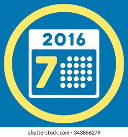 2016 Week Plan vector icon. Style is bicolor flat circled symbol, yellow and white colors, rounded angles, blue background.