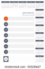 2016 Week Planner Calendar Poster Vector Template.