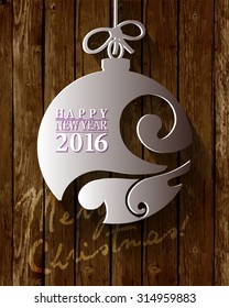 2016 White Paper Origami Happy New Year card on wood background.
Vector illustration.