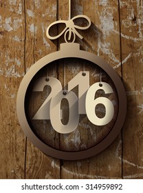 2016 White Paper Origami Happy New Year card on wood background.
Vector illustration.