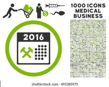 2016 Working Days icon with 1000 medical business eco green and gray vector design elements. Design style is flat bicolor symbols, white background.