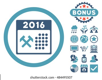 2016 Working Days icon with bonus pictogram. Vector illustration style is flat iconic bicolor symbols, cyan and blue colors, white background.