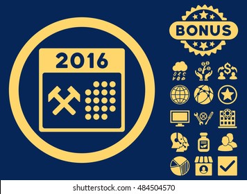 2016 Working Days icon with bonus symbols. Vector illustration style is flat iconic symbols, yellow color, blue background.