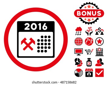 2016 Working Days icon with bonus images. Vector illustration style is flat iconic bicolor symbols, intensive red and black colors, white background.