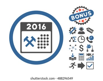 2016 Working Days icon with bonus pictogram. Vector illustration style is flat iconic bicolor symbols, cobalt and gray colors, white background.