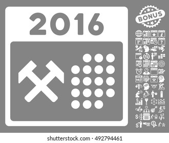 2016 Working Days icon with bonus calendar and time management images. Vector illustration style is flat iconic symbols, white color, gray background.